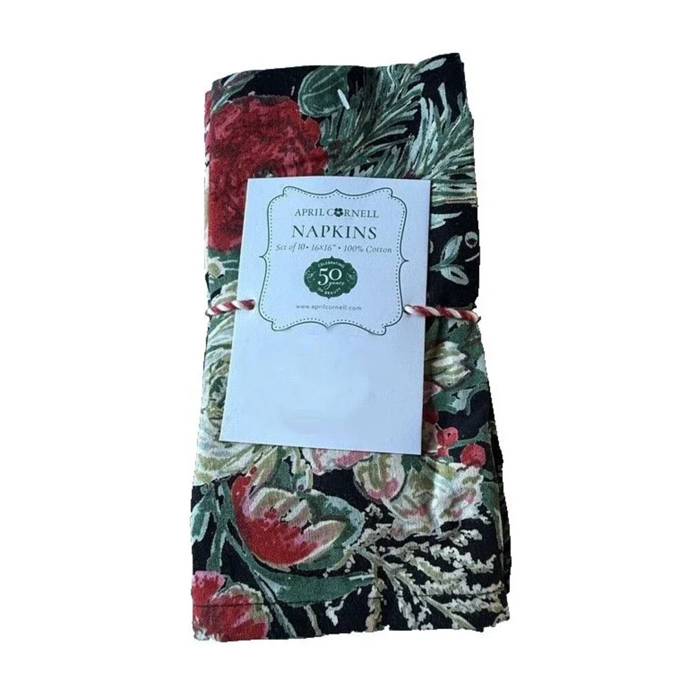 April Cornell Napkins Merry Black Floral Set of 10 French Country Christmas